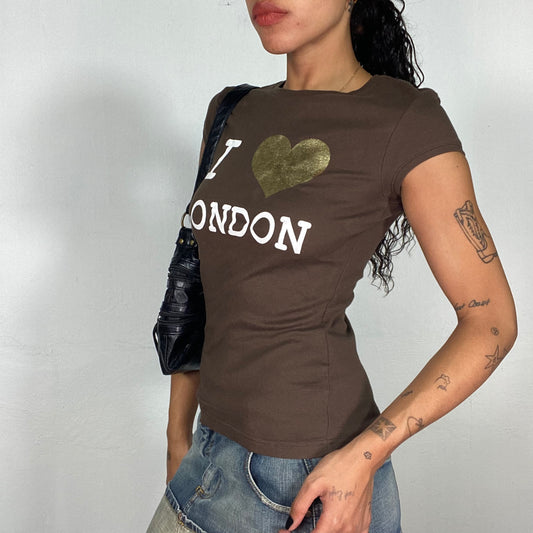 Vintage 2000's Sleaze Brown Top with White and Gold "I <3 London" Print (S)