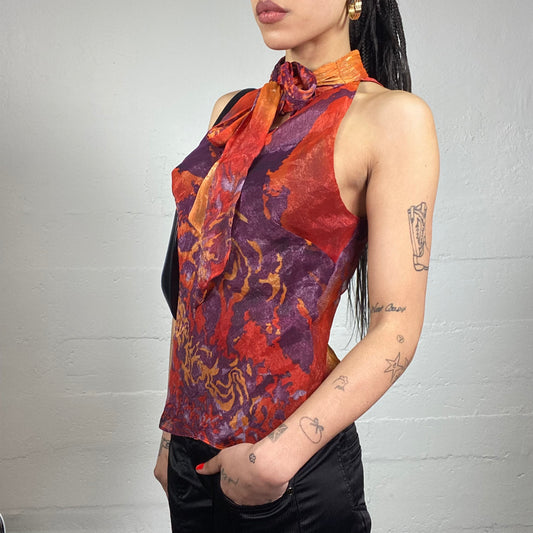 Vintage 2000's Festive Garnet and Purple Highneck Blouse Top with Scarf Attached and Tie Dye Print (S)