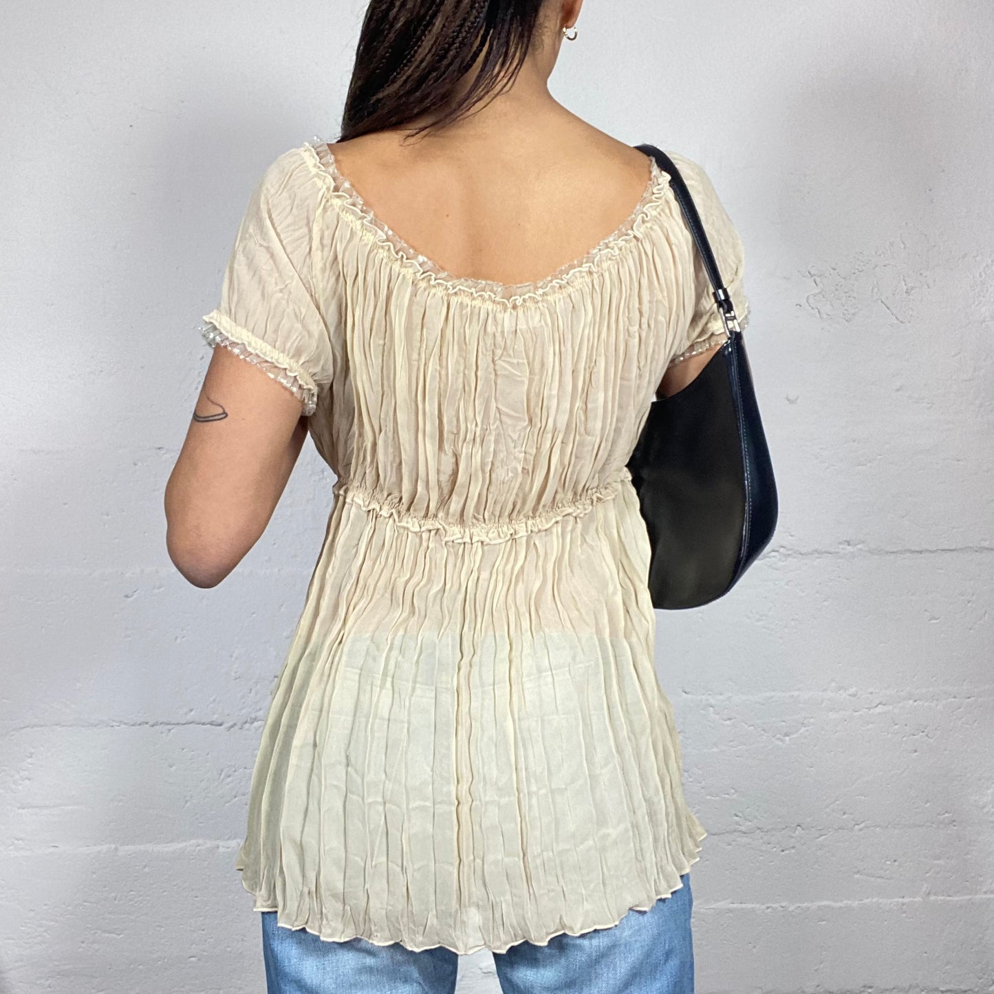 Vintage 2000's Fairy Girl Beige Mesh Drapped Top with Pleaded Detail (M)