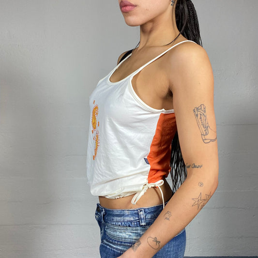 Vintage 2000's Sleaze White Top with Orange Paisley Print Detail (M)