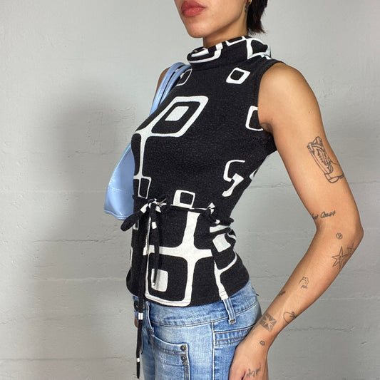 Vintage 2000's Funky Highneck Black Top with White Squared Print (S/M)