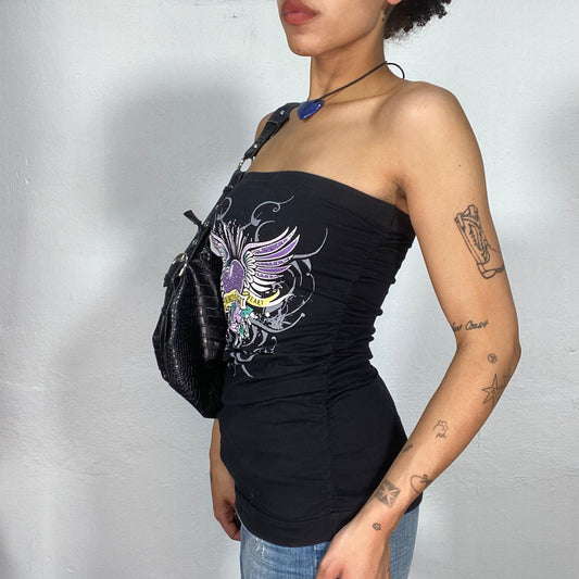 Vintage 2000's Rocker Black Tube Top with Winged Heart Print (S)