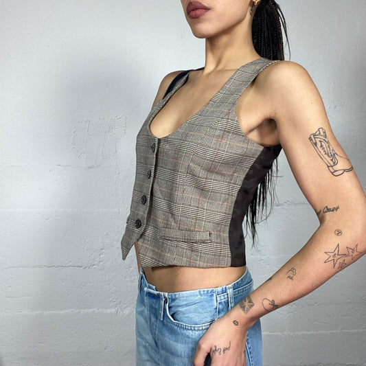 Vintage 2000's Sleaze Brown Vest Top with Checkered Print (S)