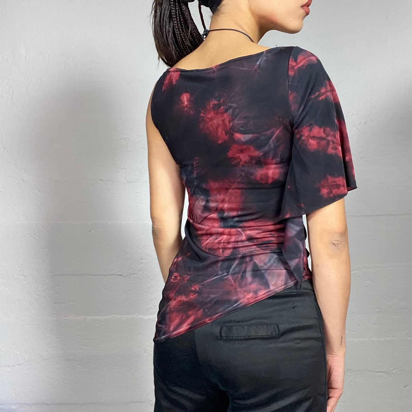 Vintage 90's Whimsigoth Black One Shoulder Top with Red Wavy Tie Dye Print and Asymmetric Cut(S)