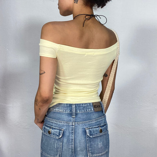 Vintage 2000's Soft Girl Butter Yellow Off Shoulder Top with Pink Writing Print (S)