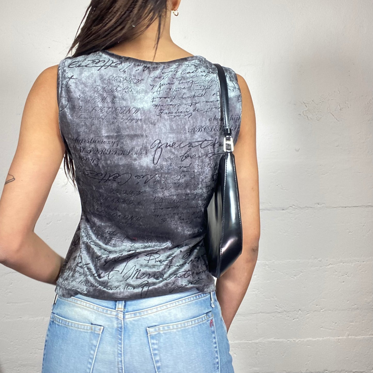Vintage 2000's Cyber Girl Silver Velvet Top with Black Cursive Typography Print (M)