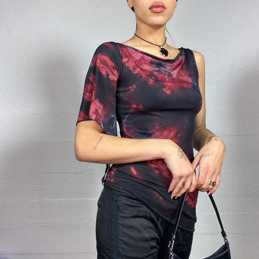 Vintage 90's Whimsigoth Black One Shoulder Top with Red Wavy Tie Dye Print and Asymmetric Cut(S)