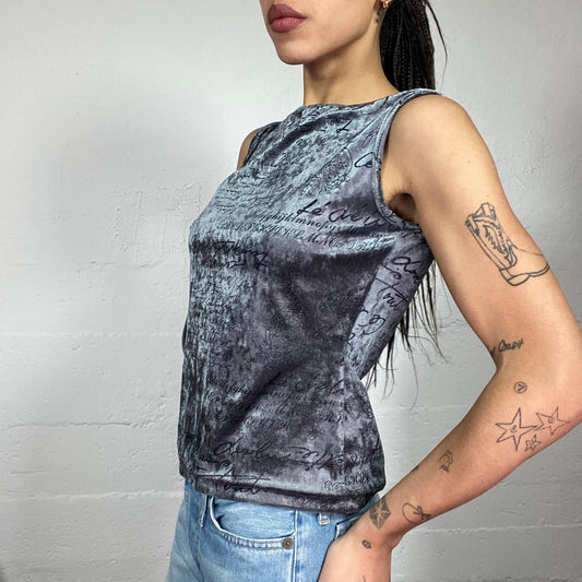Vintage 2000's Cyber Girl Silver Velvet Top with Black Cursive Typography Print (M)