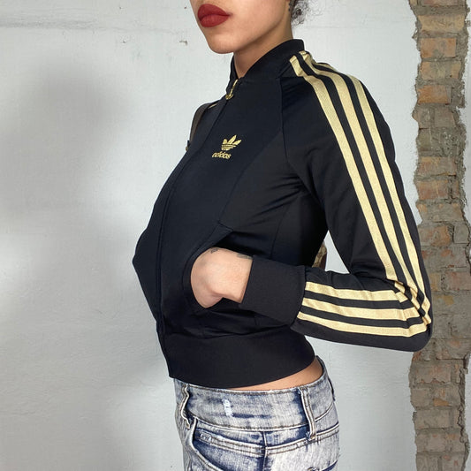 Vintage 2000's Adidas Black Zip Up Sweater with Gold Logo Details (XS)