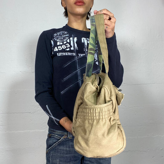 Vintage 2000's Grunge Khaki Maxi Slouchy Shoulder Bag with Rosette Detail