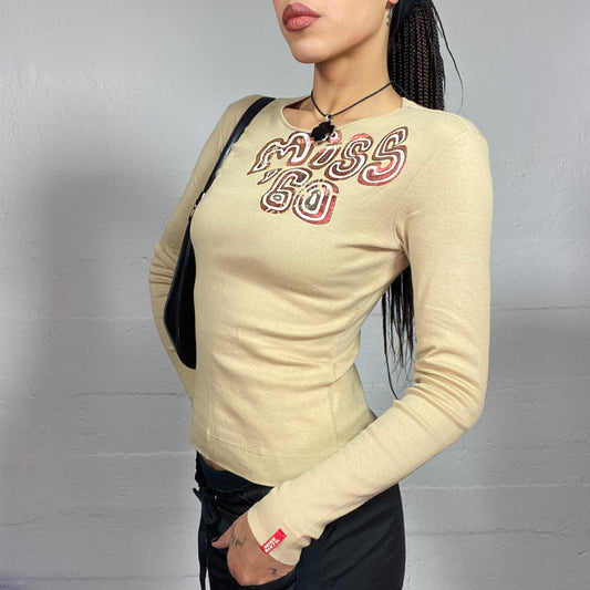Vintage 2000's Miss Sixty Downtown Girl Beige Longsleeve Top with Wavy Brand Name Print (S)