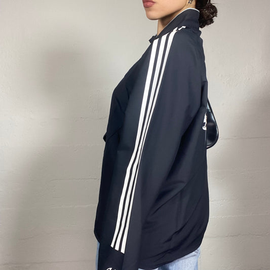 Vintage 2000's Adidas Indie Sleaze Black Double Zip Up Jacket with HIghneck and White Tri-Band Print (M)