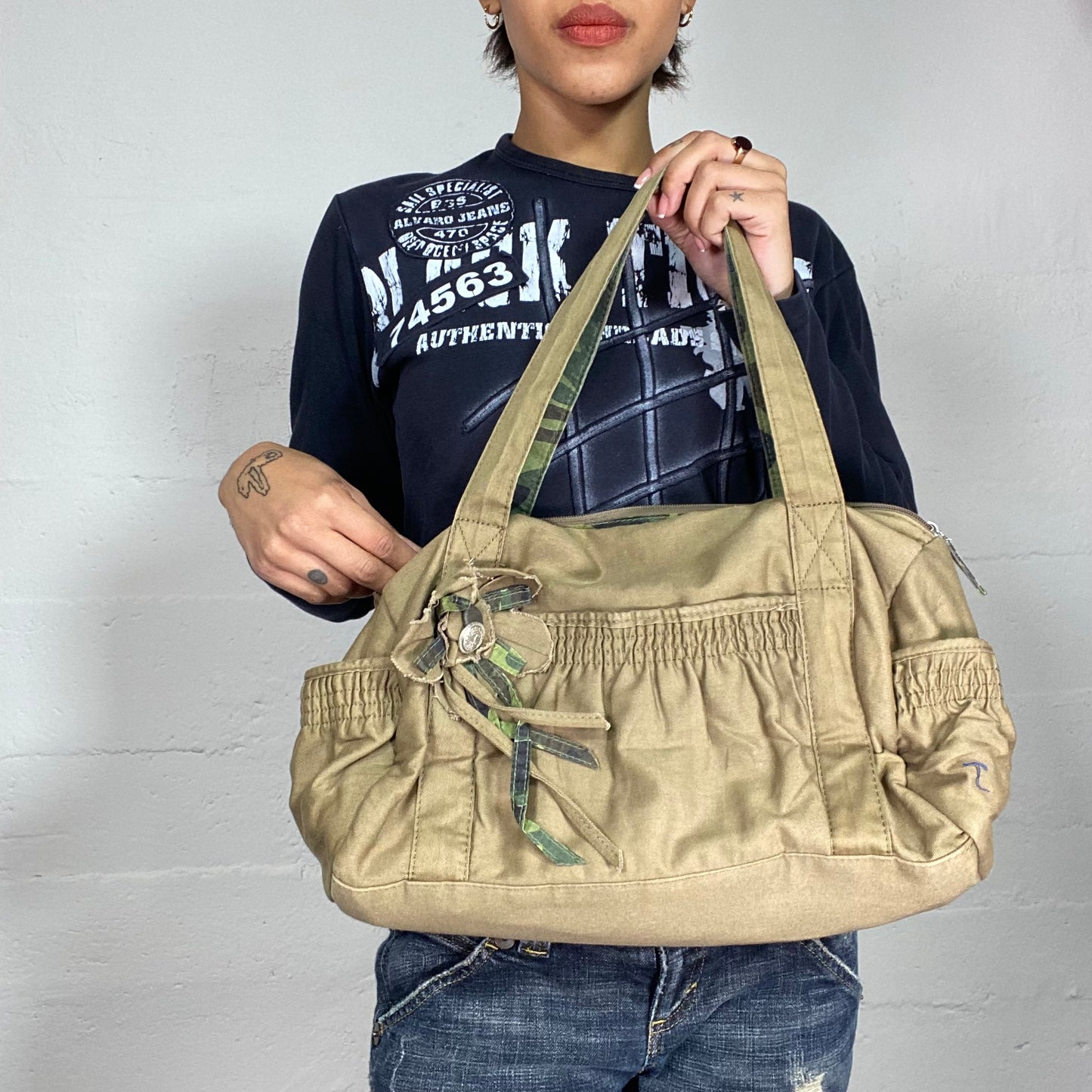 Vintage 2000's Grunge Khaki Maxi Slouchy Shoulder Bag with Rosette Detail