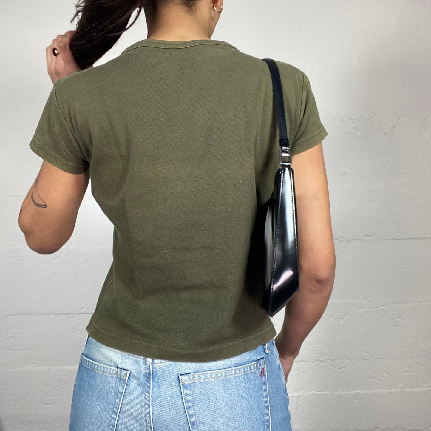 Vintage 2000's Rave Khaki Top with White Star Print (S/M)