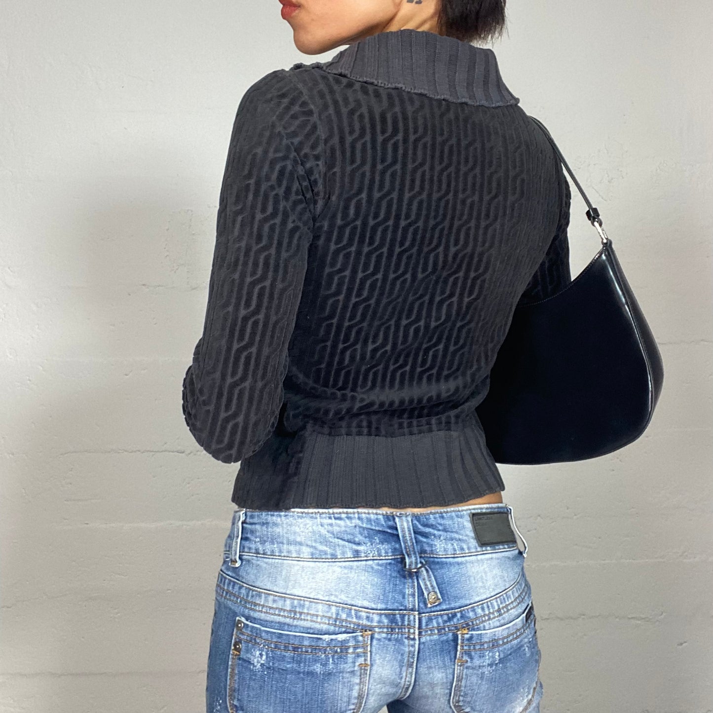 Vintage 2000's Black Zip Up Textured Velours Sweater (S/M)