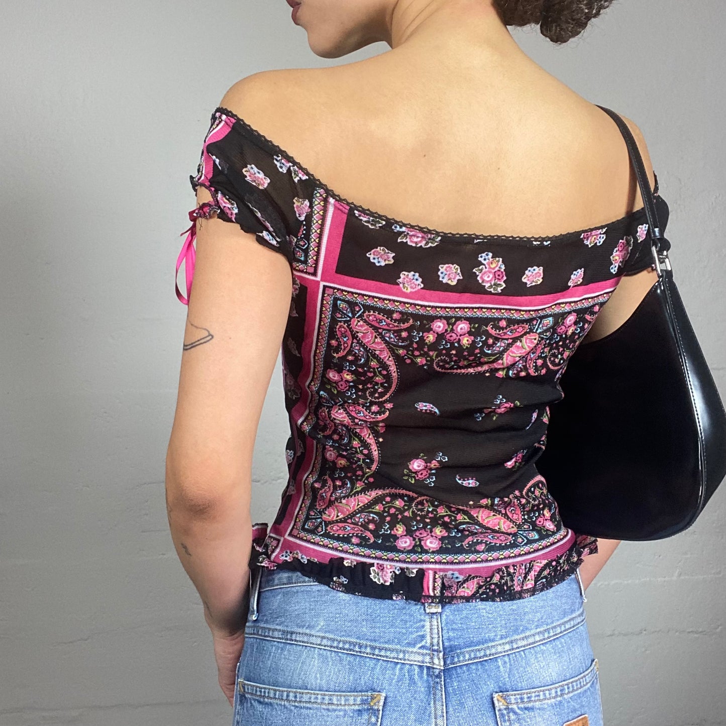 Vintage 2000's Romantic Black Off Shoulder Top with Fuchsia Mixed Floral Print Detail (S)