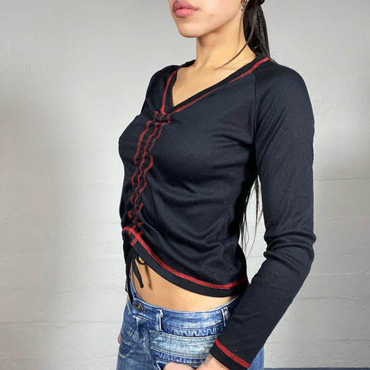 Vintage 2000's Rave Girl Black Longsleeve Top with Red Contrast Stitching (M)