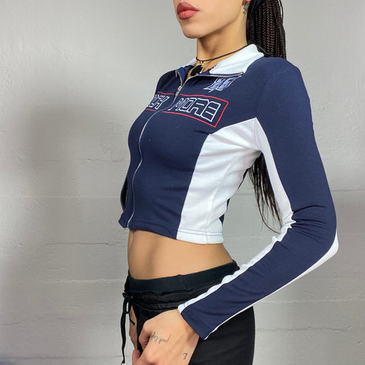 Vintage 2000's Football Core Navy Blue and White Zip-Up Hoodie with "Rock Me" Print (XS)