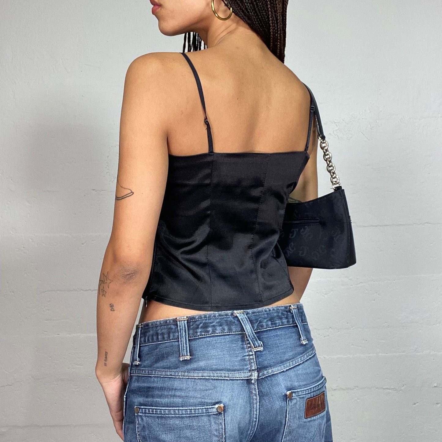 Vintage 2000's Clubwear Black Square Cut Satin Top (M)