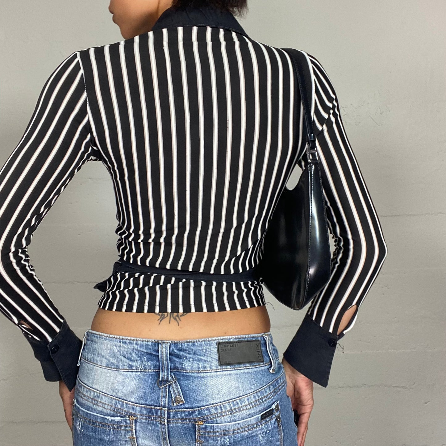 Vintage 2000's Office Girl Black Wrapped Top with White Stripes Print (S)
