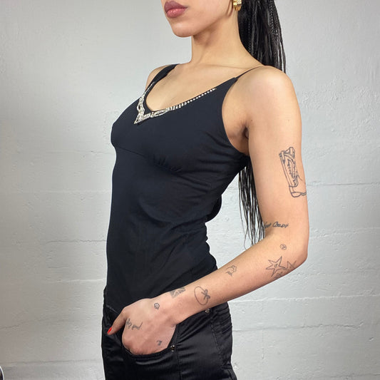 Vintage 2000's Burlesque Black Top with Strass Neckline Trim Detail (S/M)