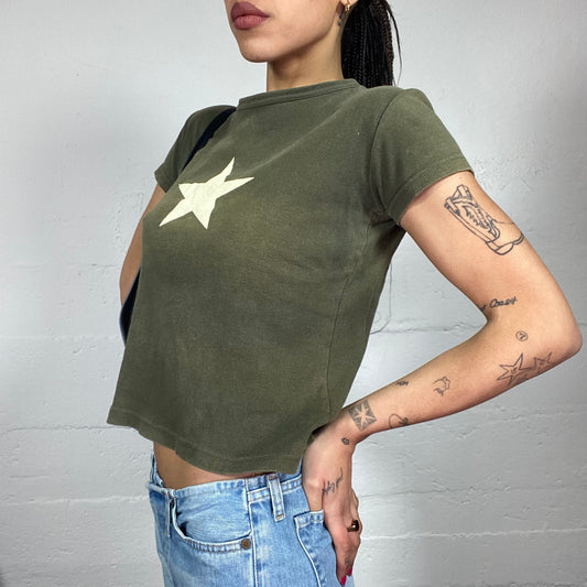 Vintage 2000's Rave Khaki Top with White Star Print (S/M)