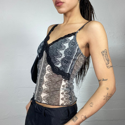 Vintage 2000's English It Girl Black Mesh Top with Lace and Print Detail (S)