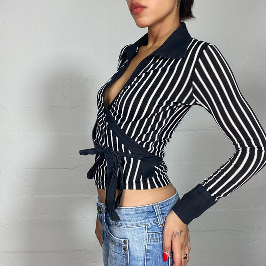 Vintage 2000's Office Girl Black Wrapped Top with White Stripes Print (S)