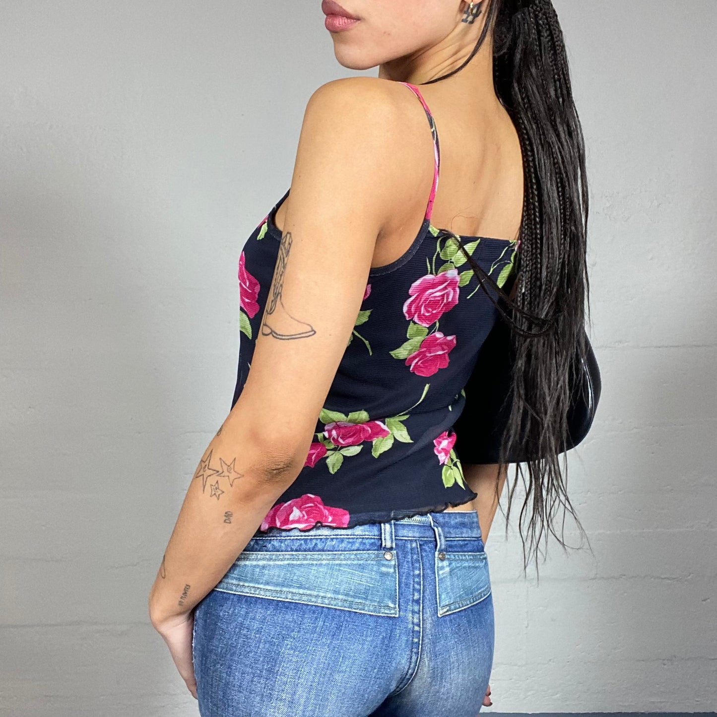 Vintage 2000's Romantic Black Top with Fuchsia Floral Print (S/M)