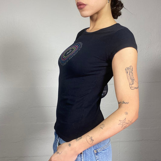 Vintage 2000's Playboy Downtown Girl Black Top with Strass Spiral Brand Print Detail (S)