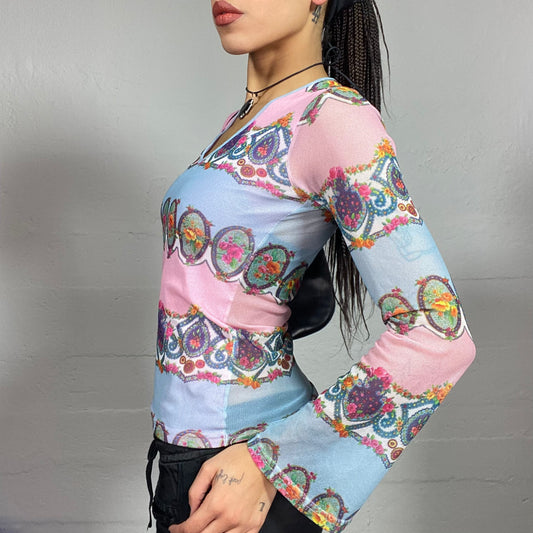 Vintage 2000's Soft Girl Pastel Colors Longsleeve Top with Floral Border Print (M)