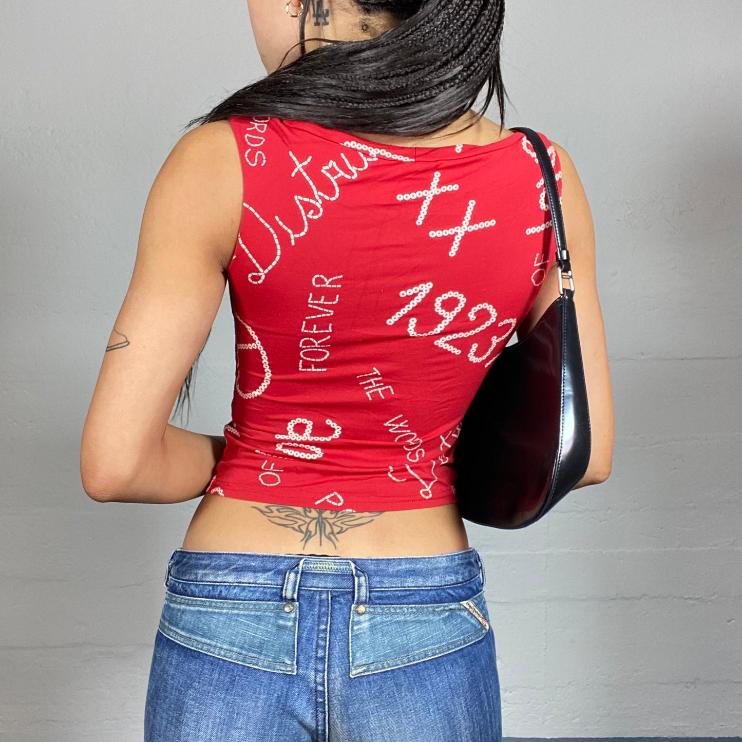 Vintage 2000's Sleaze Red Top with Mixed Print Detail (S)