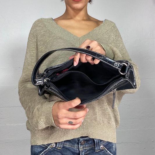 Vintage 2000's Archive Black Glossy Shoulder Bag with Faux Leather Serpent Material