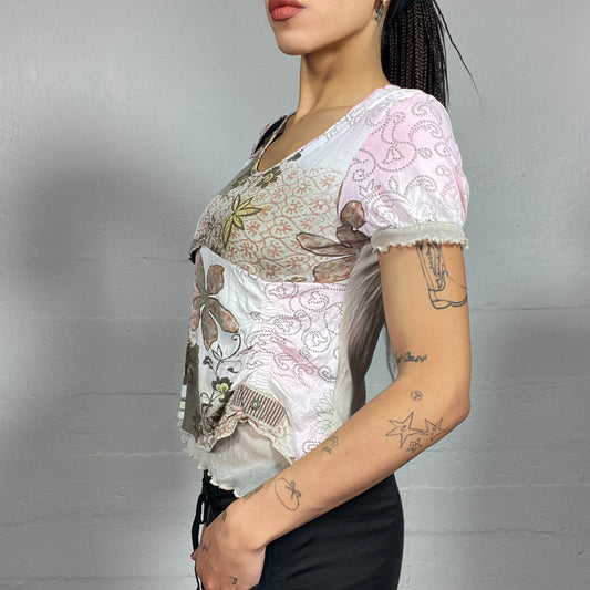 Vintage 2000's Soft Girl White and Pastel Colors Top with Floral Print (M)
