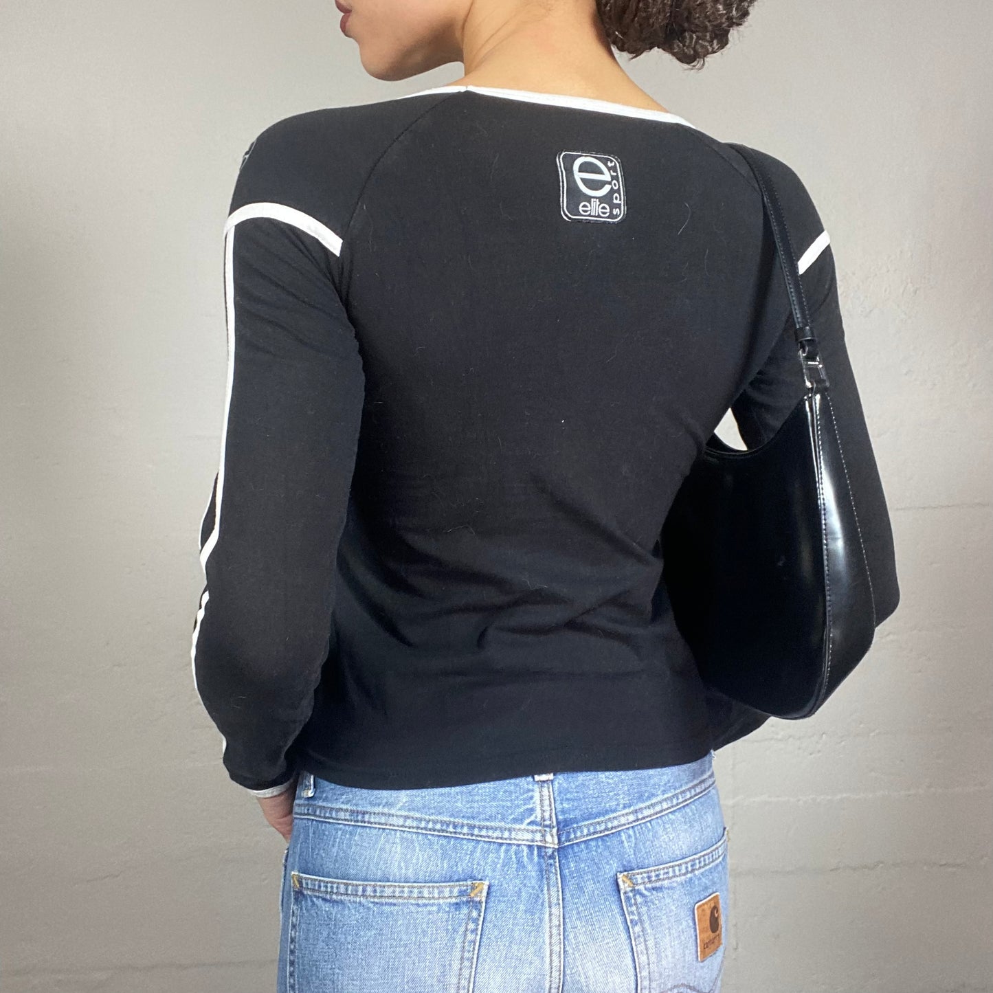 Vintage 2000's Elite Downtown Girl Black Longsleeve Top with White Stripes and Brand Print Detail (S)