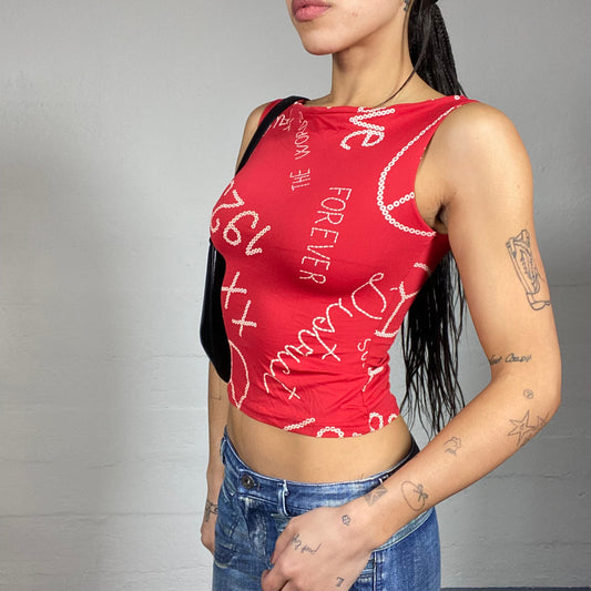 Vintage 2000's Sleaze Red Top with Mixed Print Detail (S)