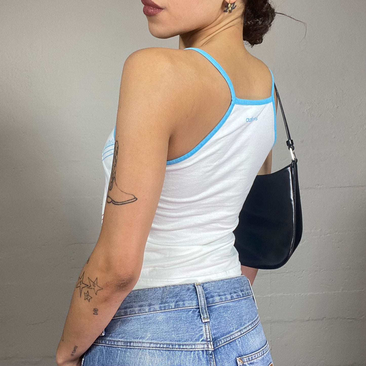 Vintage 2000's Adidas Downtown Girl White Top with Stripes and Brand Print Detail (M)