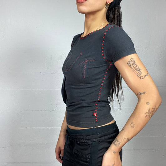 Vintage 2000's Rave Girl Black Top with „SPLIT“ Patch and Red Contrast Stiching (S)