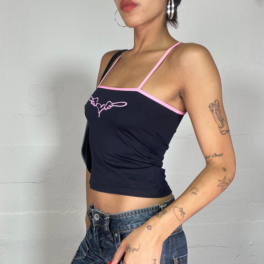 Vintage 2000's Downtown Girl Black Top with Pink Trim and Angel Heart Print (S)