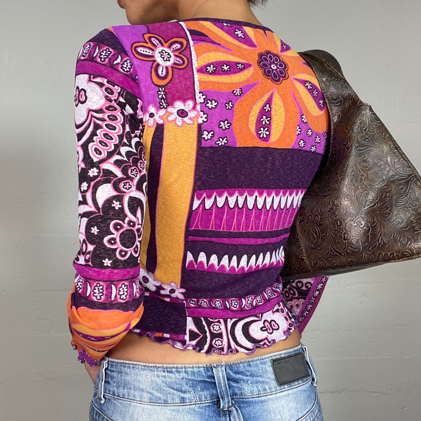 Vintage 2000's Funky Purple Longsleeve Top with Orange Floral Print (S/M)