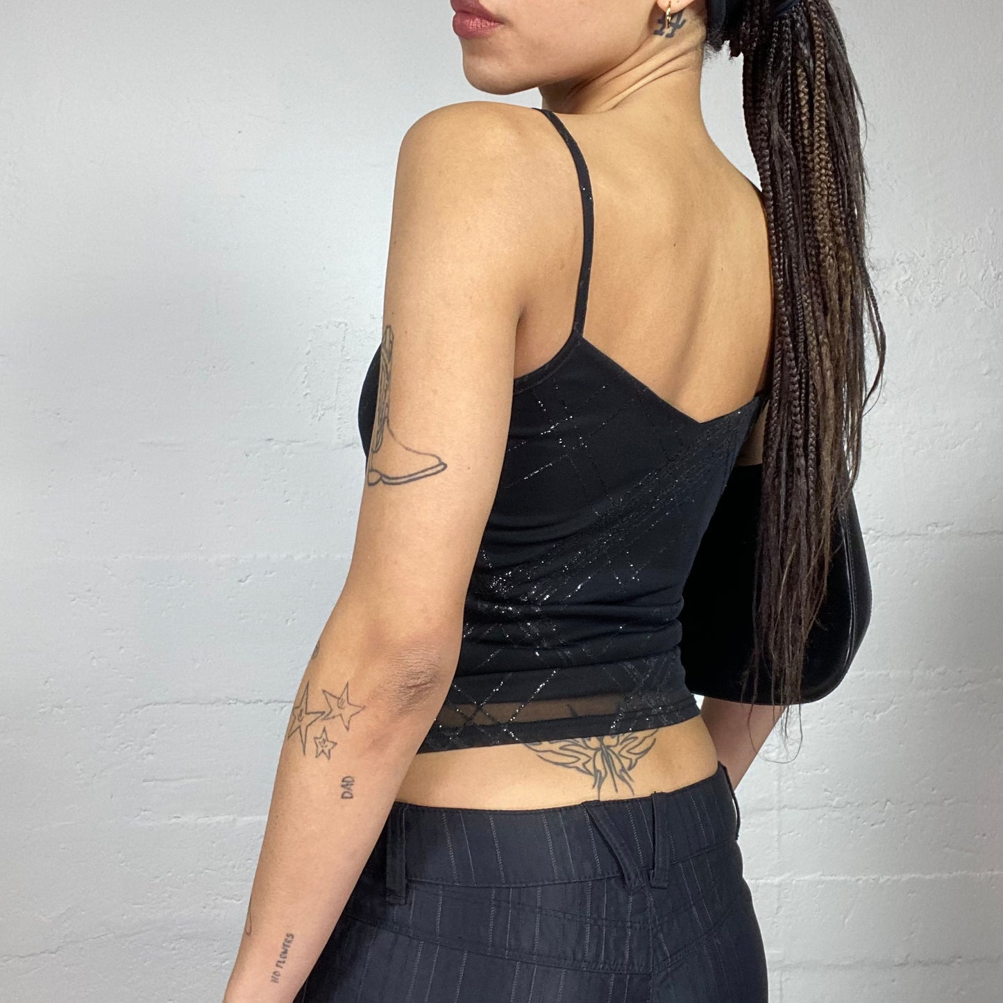Vintage 2000's Clubwear Black Top with Glittery Lines Print Detail (S)