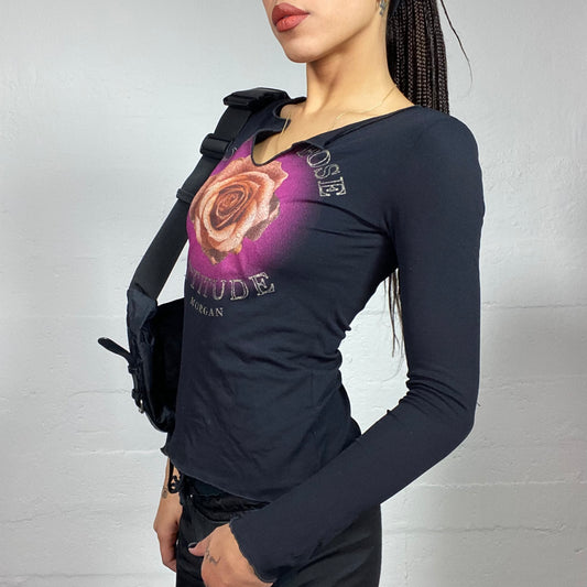Vintage 2000's Morgan Downtown Girl Black Longsleeves Top with Rose Print (S)