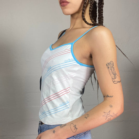 Vintage 2000's Adidas Downtown Girl White Top with Stripes and Brand Print Detail (M)
