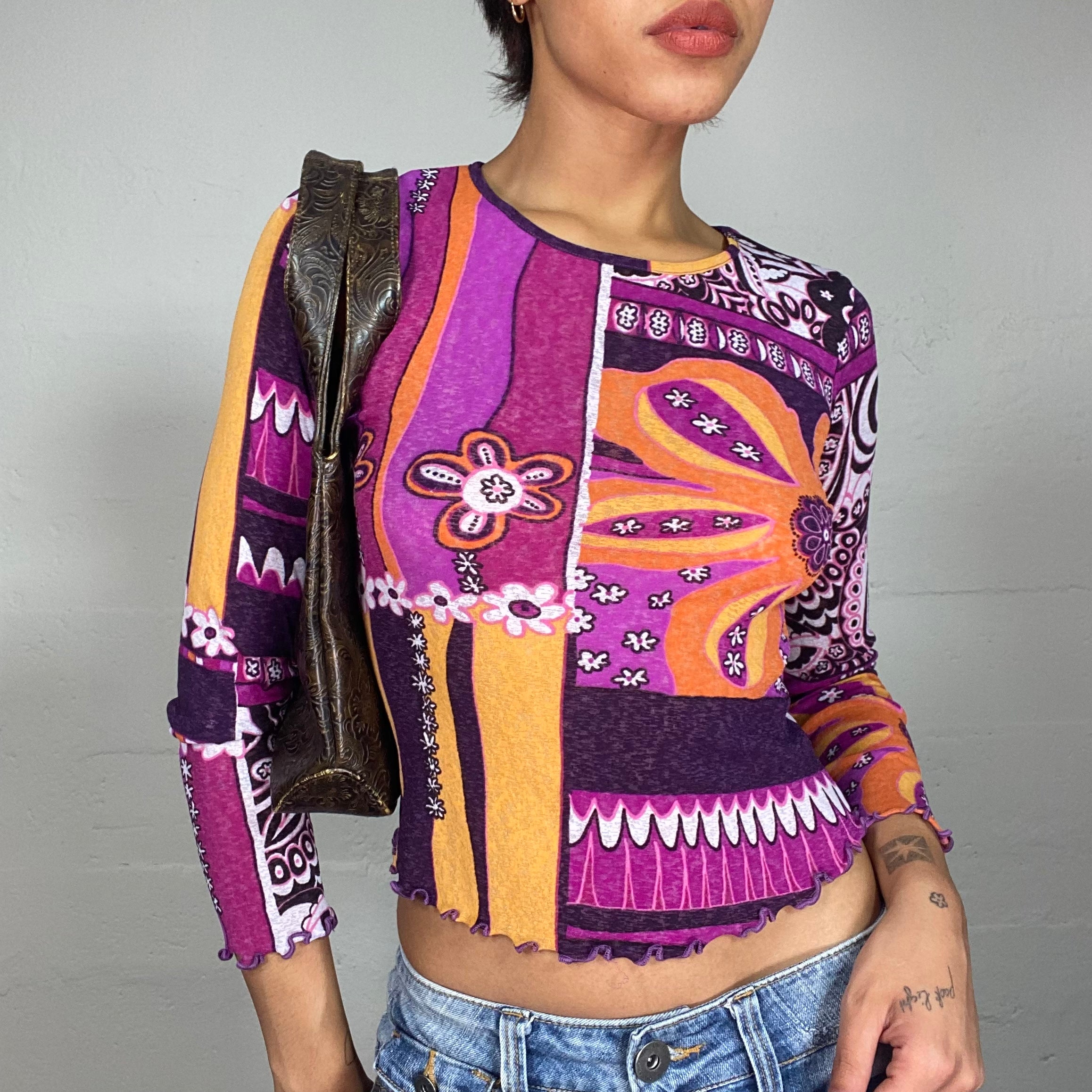 Vintage 2000's Funky Purple Longsleeve Top with Orange Floral Print (S