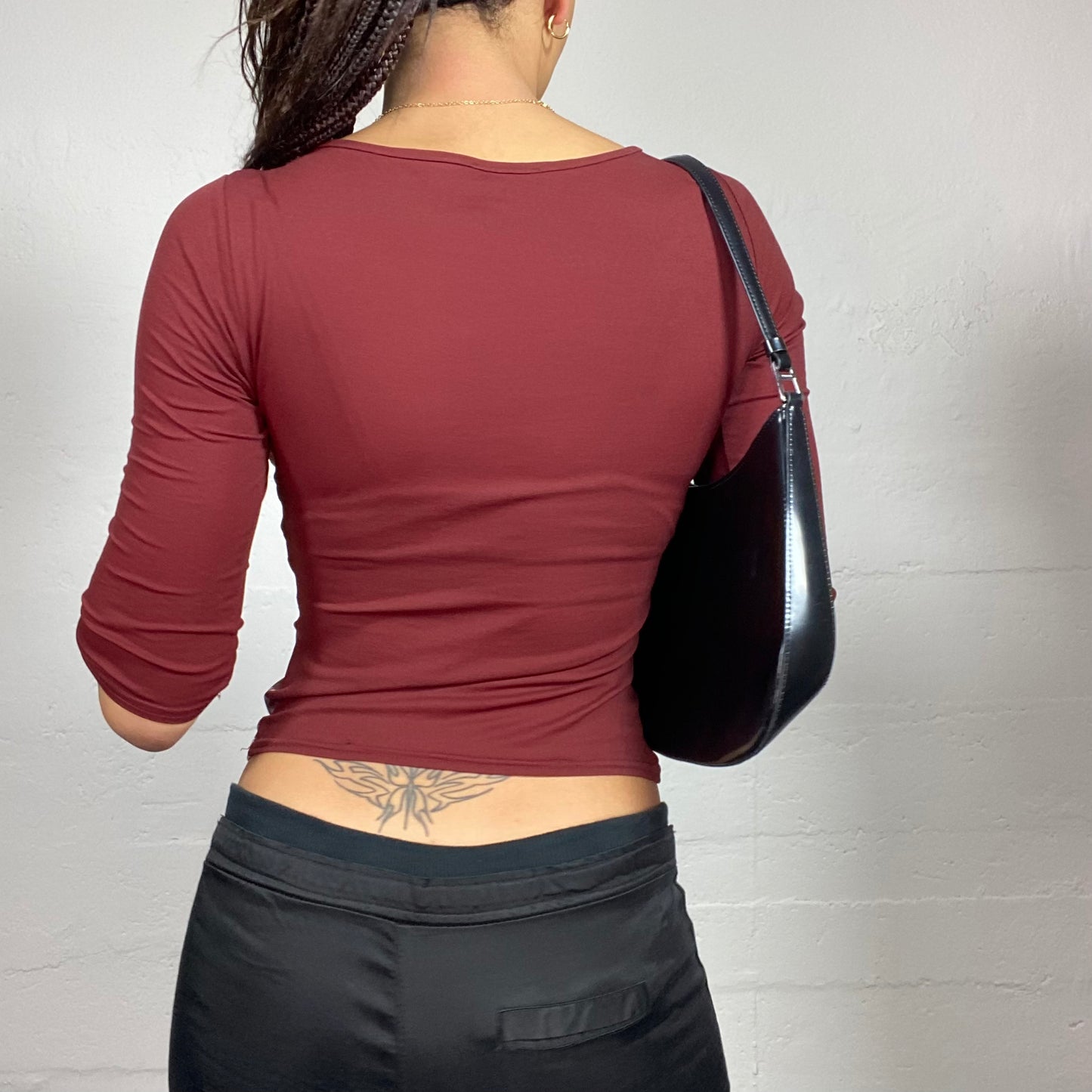 Vintage 2000's Clubwear Bordeaux 3/4 Sleeves Top with Serpent Print (S)