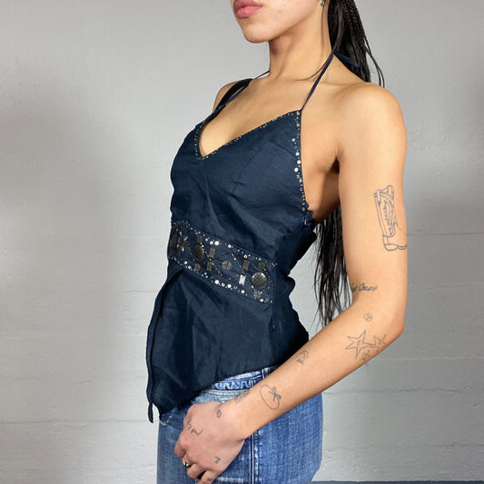 Vintage 2000's Clubwear Black Neckholder Top with Studed Charms Detail (S/M)