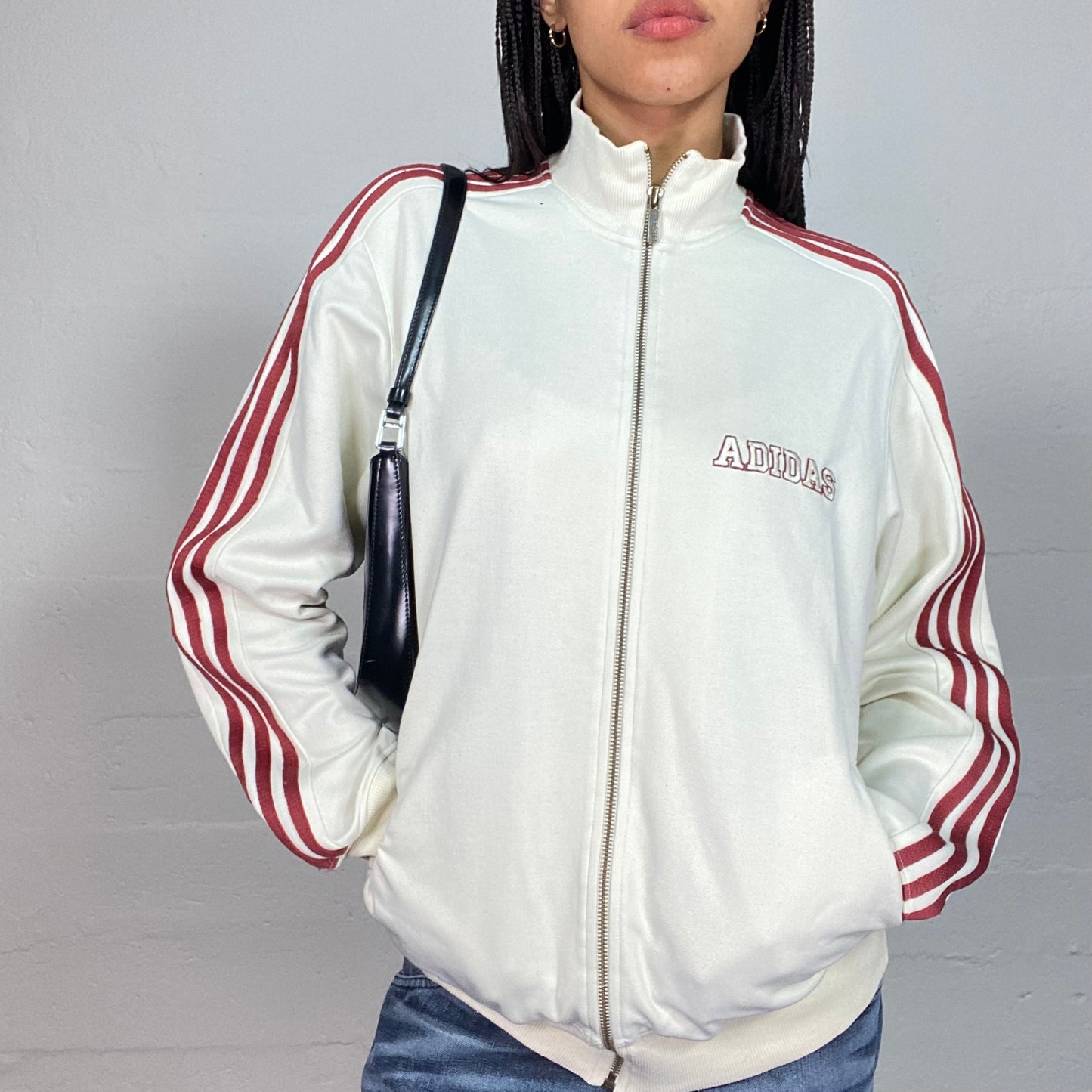 Vintage 2000's Adidas Sporty White Zip Up Sweater with Red Trim and Logo Details (M)