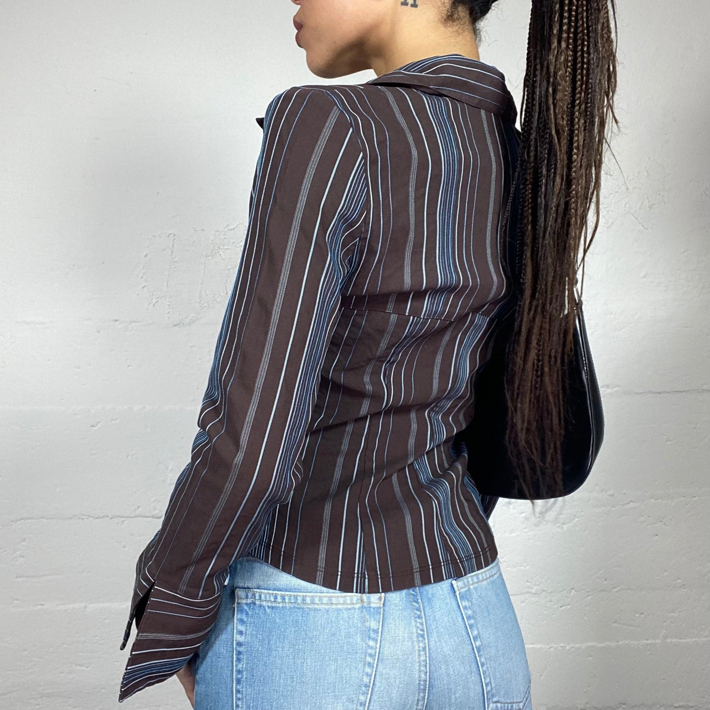 Vintage 2000's Indie Brown Shirt with Blue Stripes and Hooks (S)