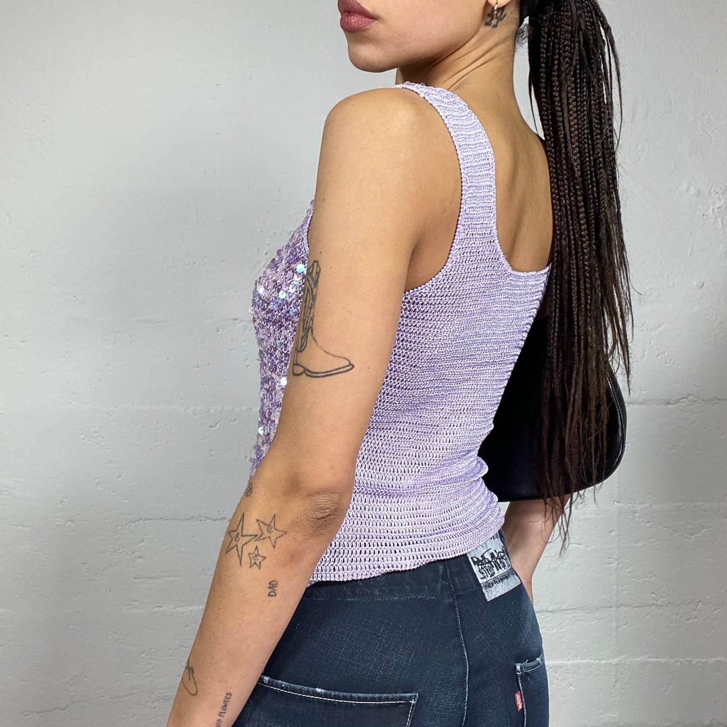 Vintage 2000's Festive Lilac Crochet Top with Sequins Covering Detail (S)