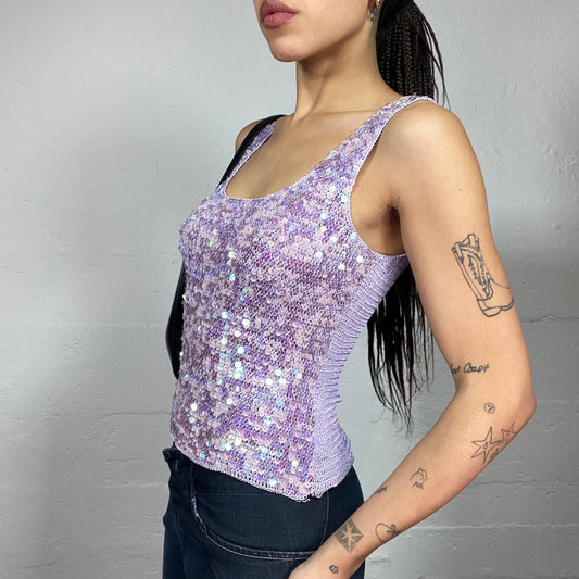 Vintage 2000's Festive Lilac Crochet Top with Sequins Covering Detail (S)